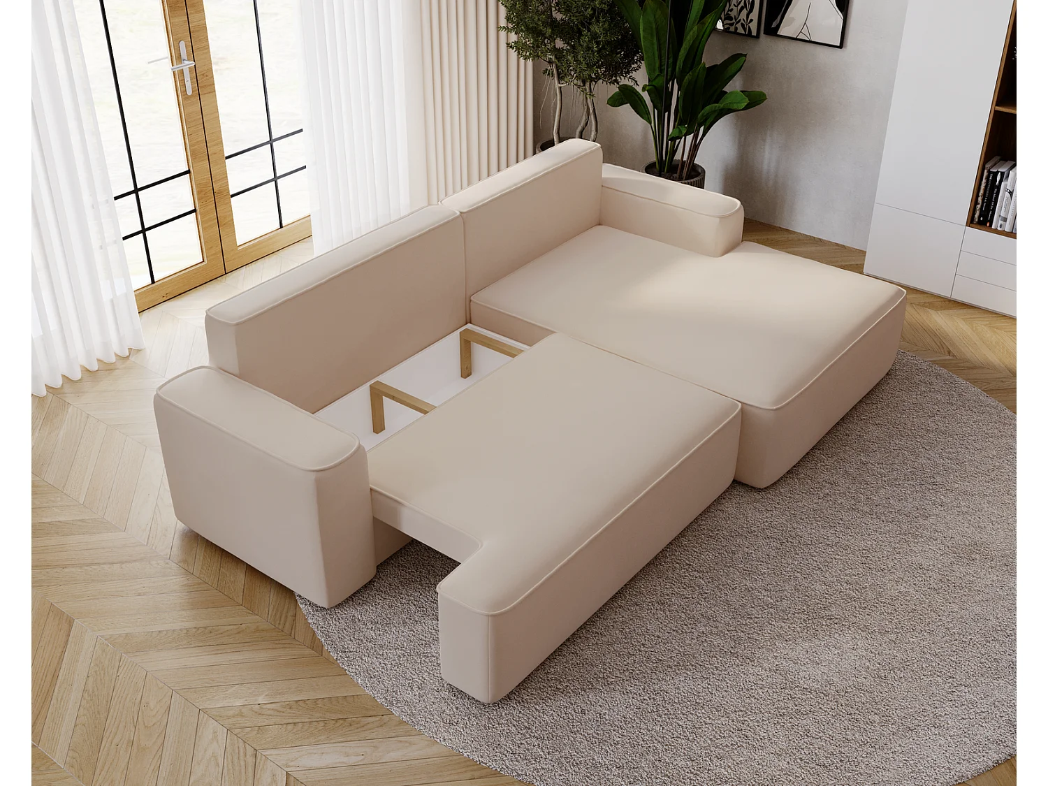 Canapé d'angle convertible Dallas, 270 cm, velours, droit, beige