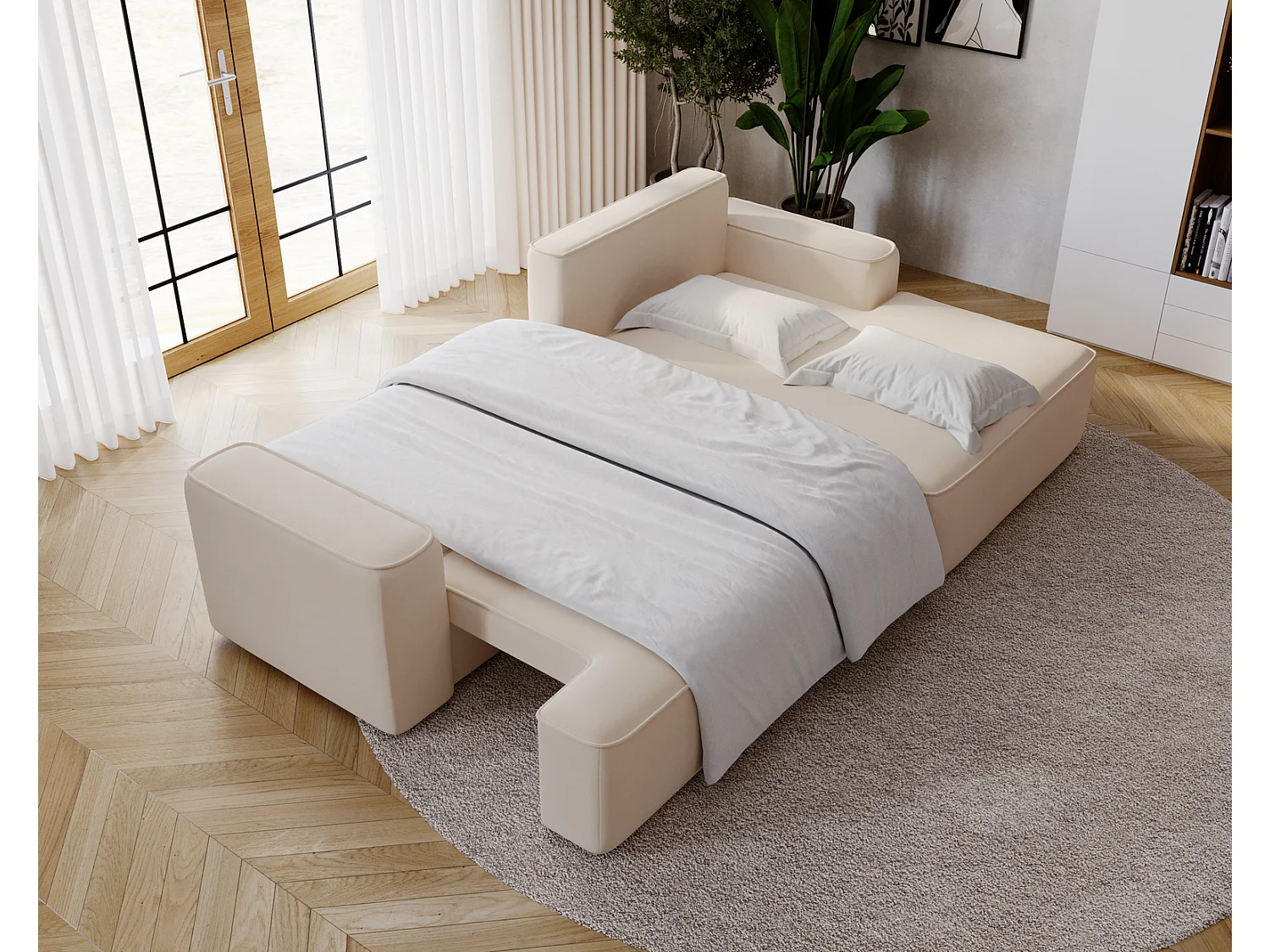 Canapé d'angle convertible Dallas, 270 cm, velours, droit, beige
