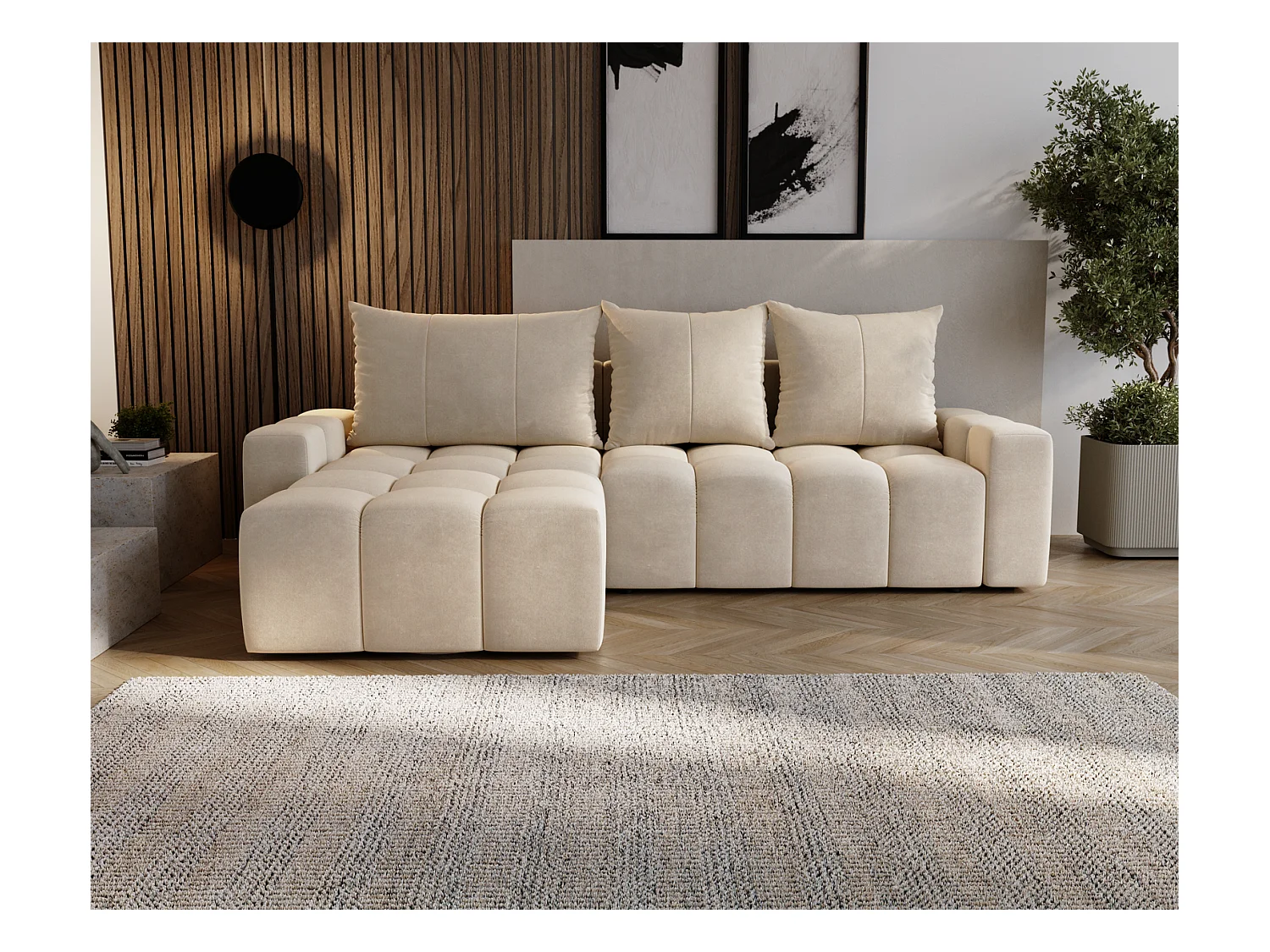Emporius Wilson Canapé d'angle - Tissu Velours, Canapé 255 cm Convertible, Gauche - Beige (Amor Velvet 4304)