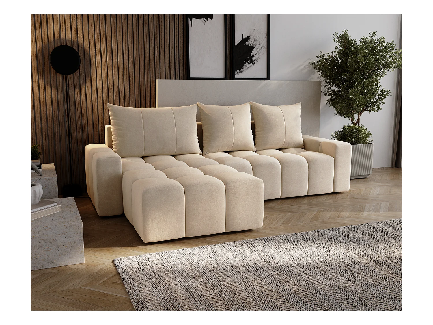 Emporius Wilson Canapé d'angle - Tissu Velours, Canapé 255 cm Convertible, Gauche - Beige (Amor Velvet 4304)