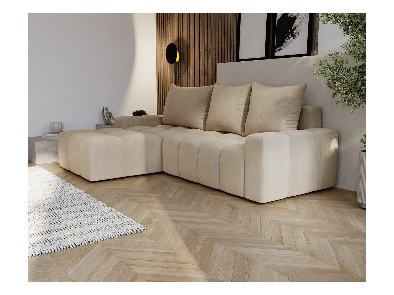 Emporius Wilson Canapé d'angle - Tissu Velours, Canapé 255 cm Convertible, Gauche - Beige (Amor Velvet 4304)