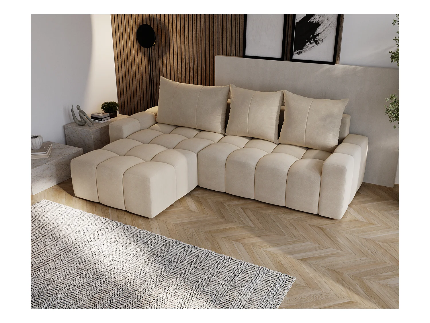 Emporius Wilson Canapé d'angle - Tissu Velours, Canapé 255 cm Convertible, Gauche - Beige (Amor Velvet 4304)