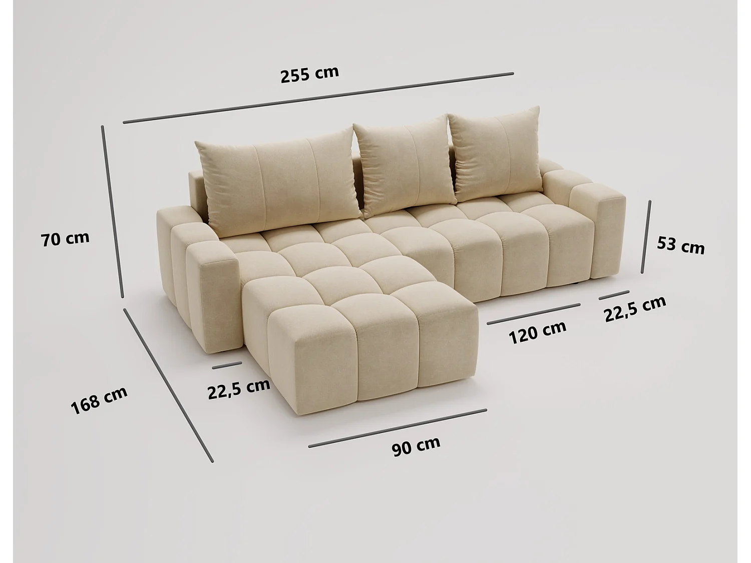 Canapé d'angle convertible Wilson, 255 cm, tissu velours, gauche, beige