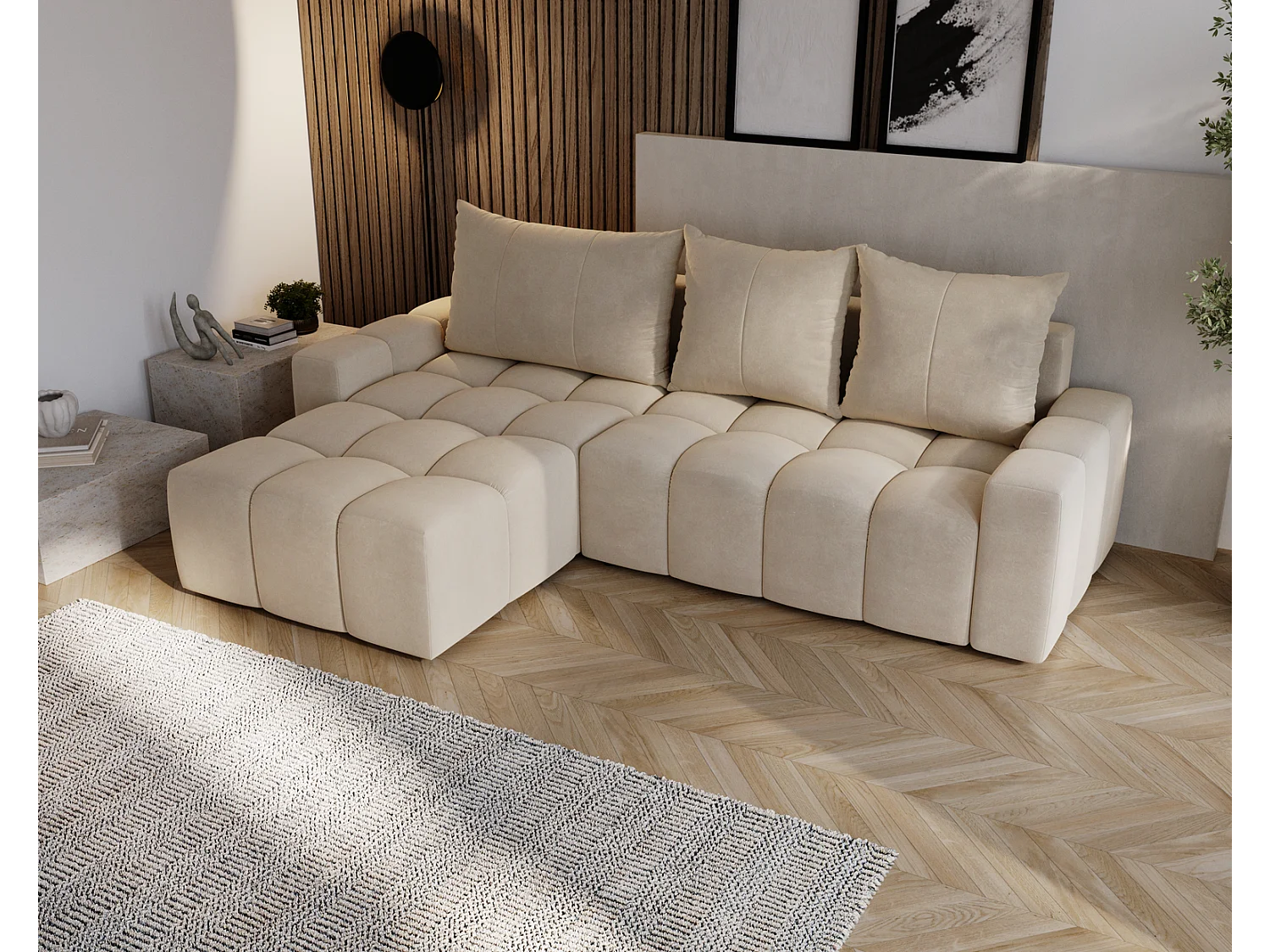Emporius Wilson Canapé d'angle - Tissu Velours, Canapé 255 cm Convertible, Gauche - Beige (Amor Velvet 4304)