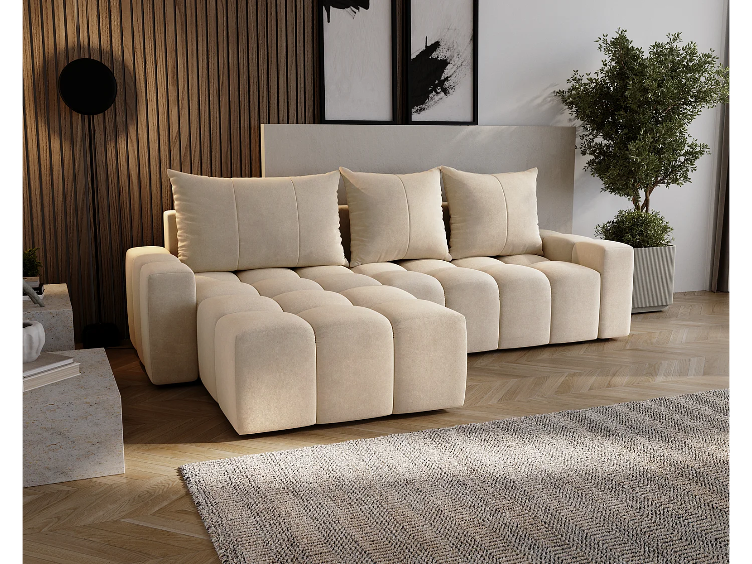 Emporius Wilson Canapé d'angle - Tissu Velours, Canapé 255 cm Convertible, Gauche - Beige (Amor Velvet 4304)
