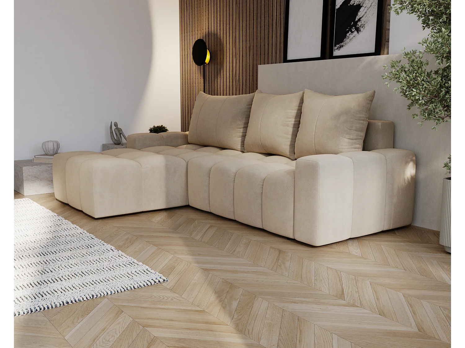 Emporius Wilson Canapé d'angle - Tissu Velours, Canapé 255 cm Convertible, Gauche - Beige (Amor Velvet 4304)