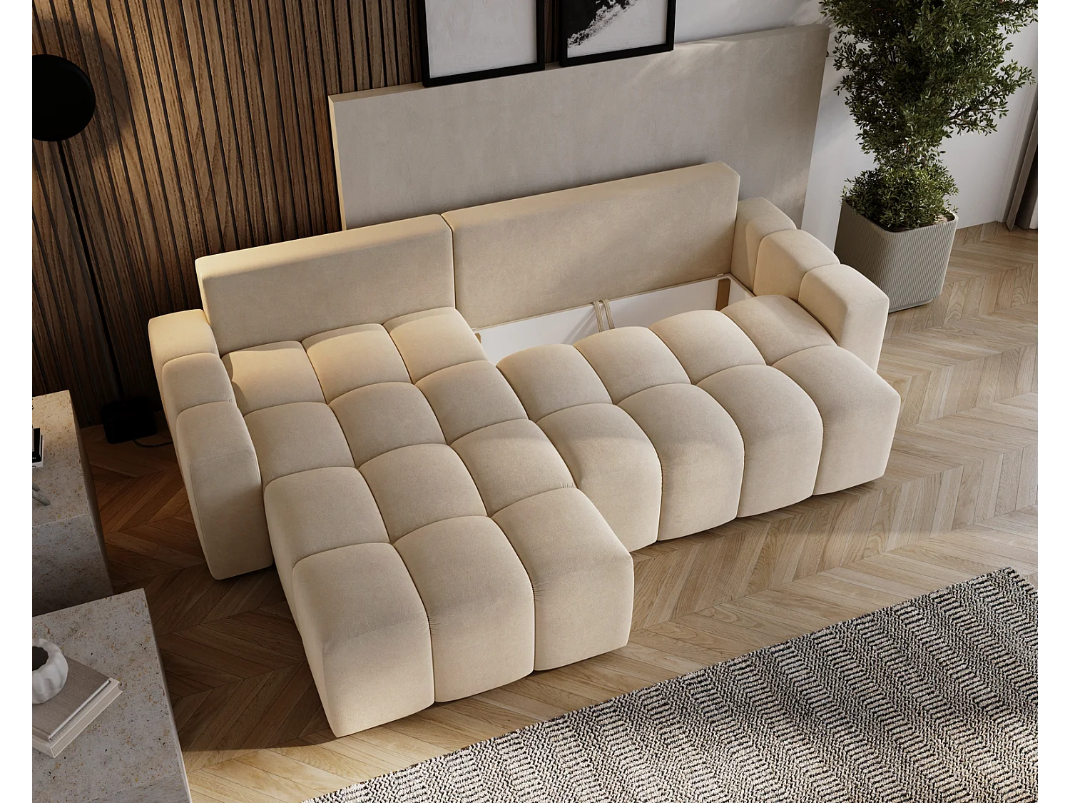 Emporius Wilson Canapé d'angle - Tissu Velours, Canapé 255 cm Convertible, Gauche - Beige (Amor Velvet 4304)