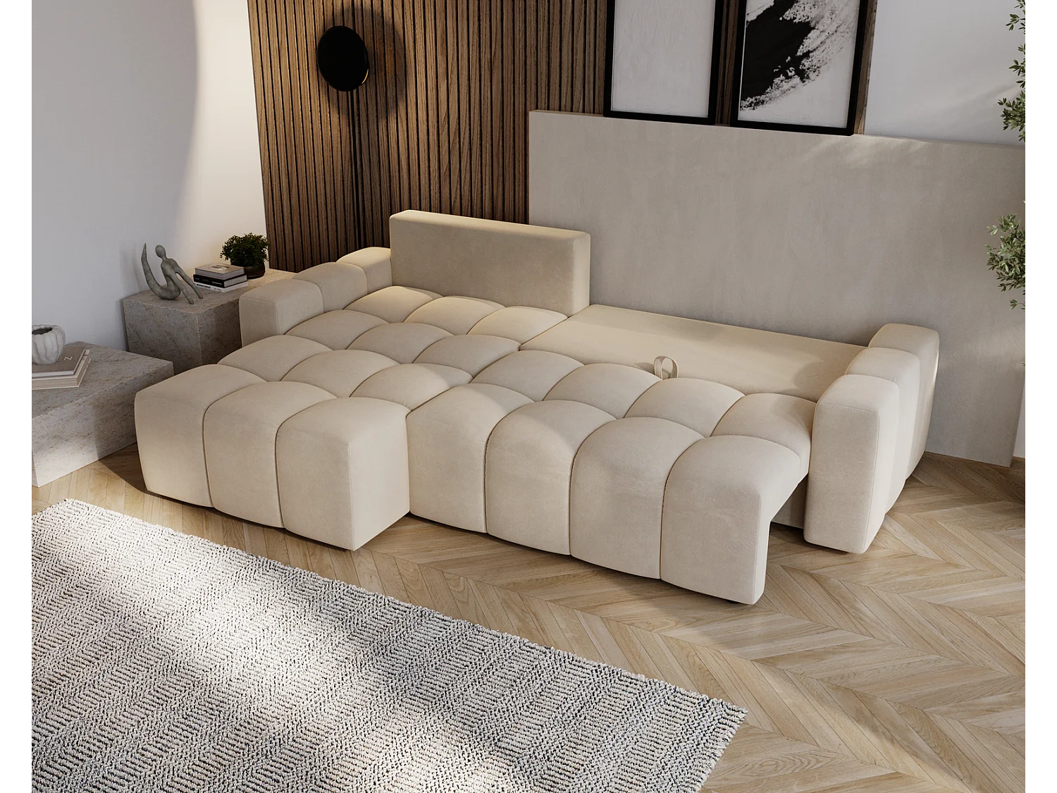 Emporius Wilson Canapé d'angle - Tissu Velours, Canapé 255 cm Convertible, Gauche - Beige (Amor Velvet 4304)