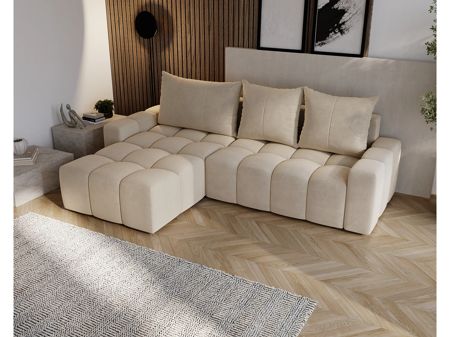 Canapé d'angle convertible Wilson, 255 cm, tissu velours, gauche, beige