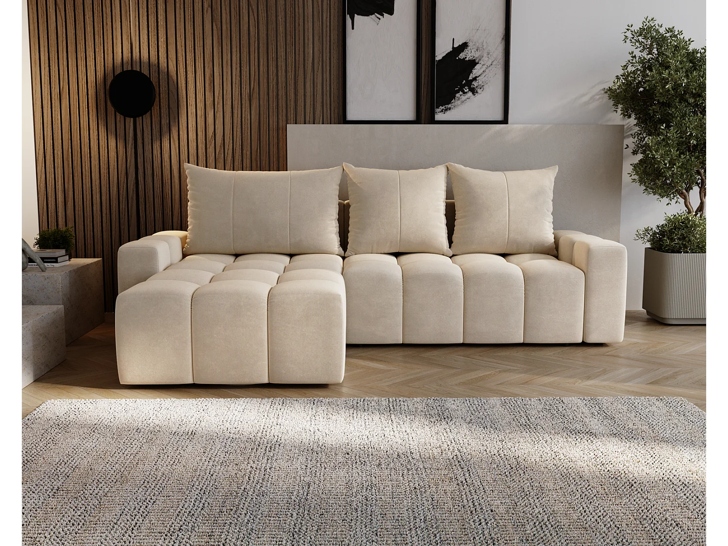 Canapé d'angle convertible Wilson, 255 cm, tissu velours, gauche, beige