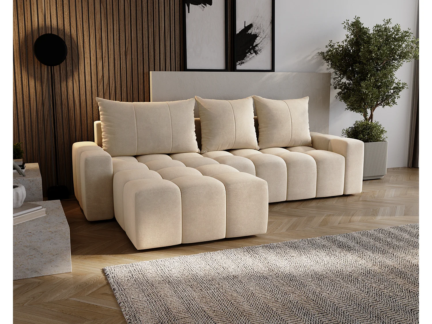 Canapé d'angle convertible Wilson, 255 cm, tissu velours, gauche, beige
