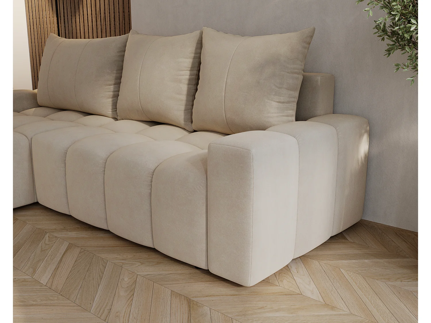 Canapé d'angle convertible Wilson, 255 cm, tissu velours, gauche, beige