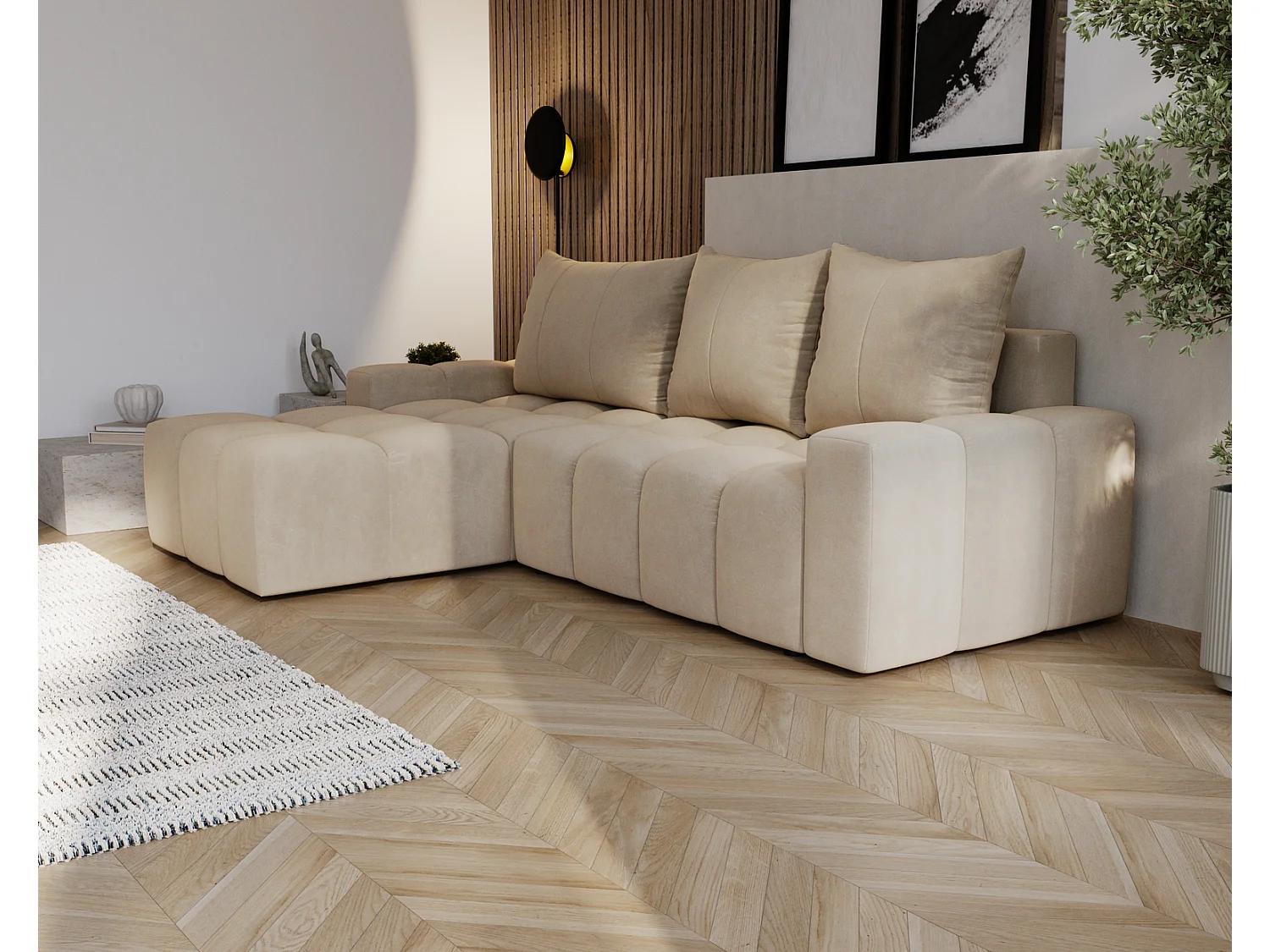 Canapé d'angle convertible Wilson, 255 cm, tissu velours, gauche, beige