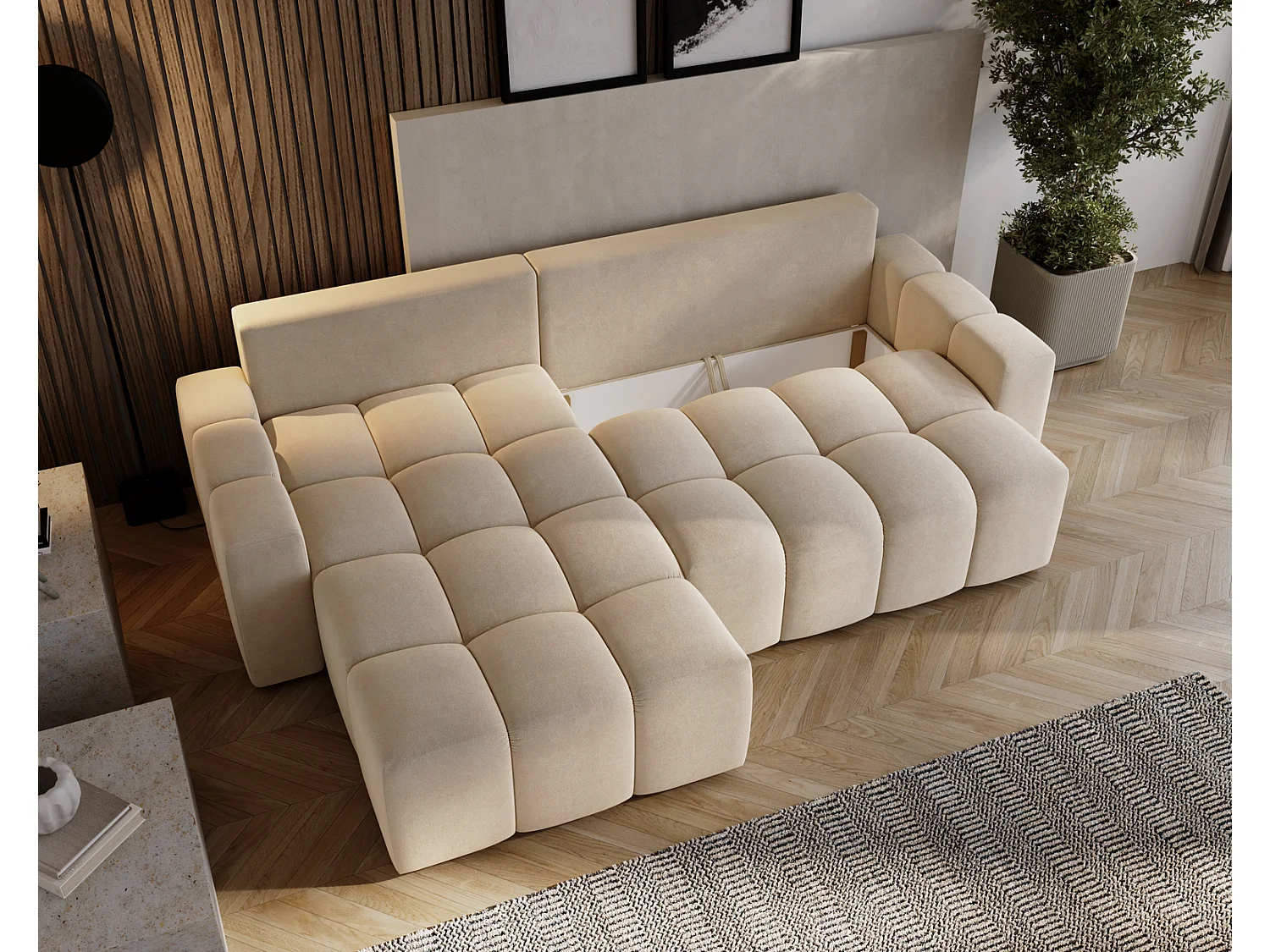 Canapé d'angle convertible Wilson, 255 cm, tissu velours, gauche, beige