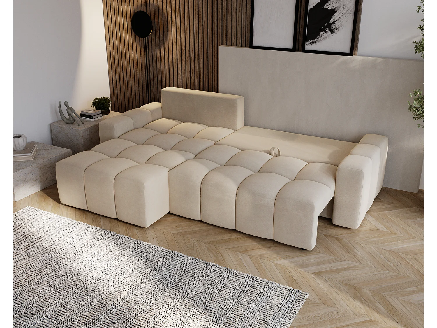 Canapé d'angle convertible Wilson, 255 cm, tissu velours, gauche, beige