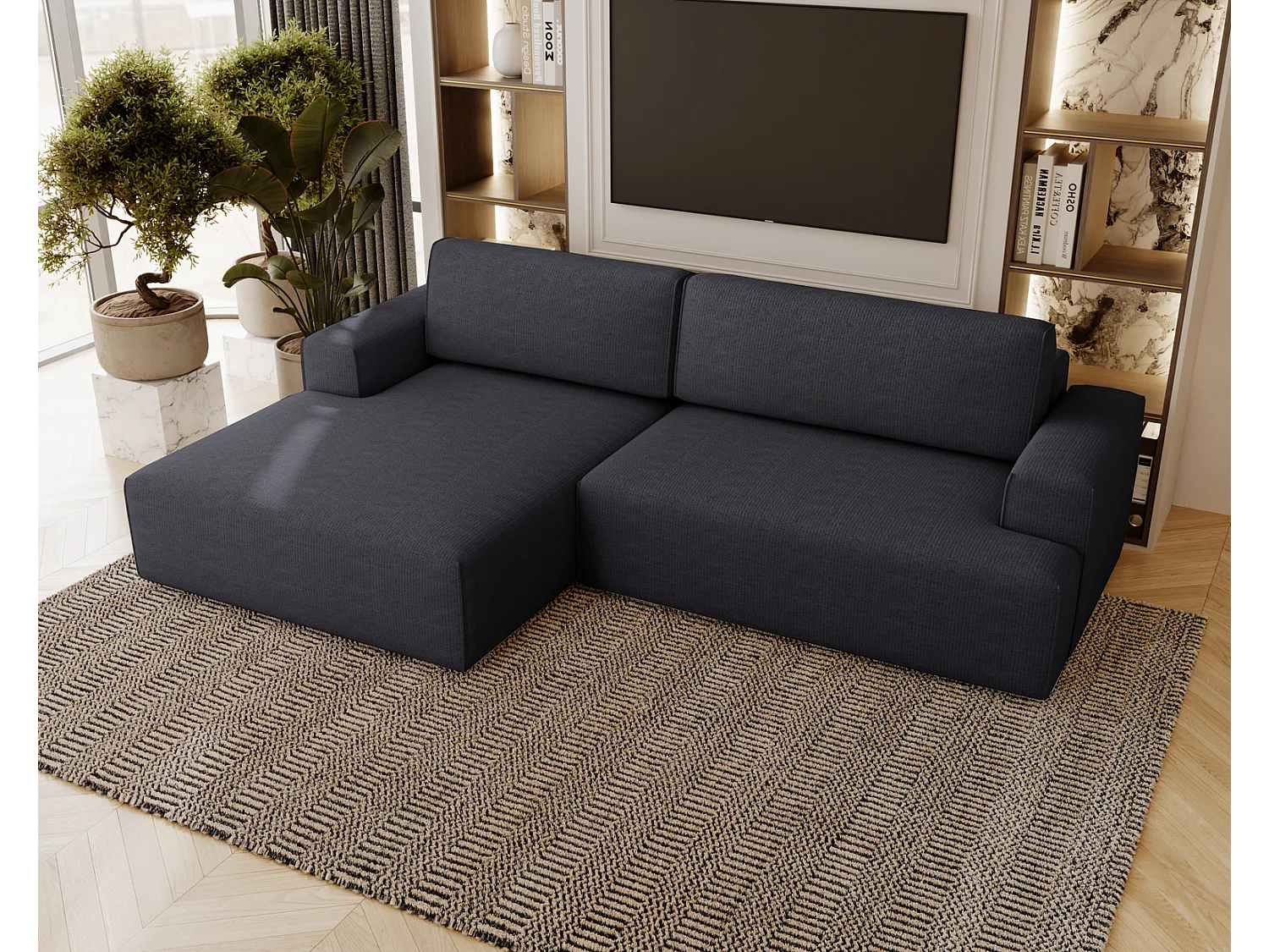 Emporius Boston Hoekbank L-Vorm - bank met slaapfunctie et bedlade - slaapbank 270 cm, links, zwart (Memphis 20)