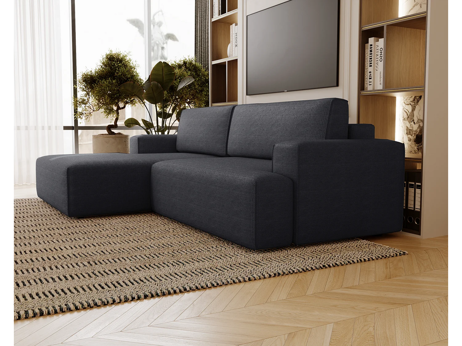 Emporius Boston Hoekbank L-Vorm - bank met slaapfunctie et bedlade - slaapbank 270 cm, links, zwart (Memphis 20)