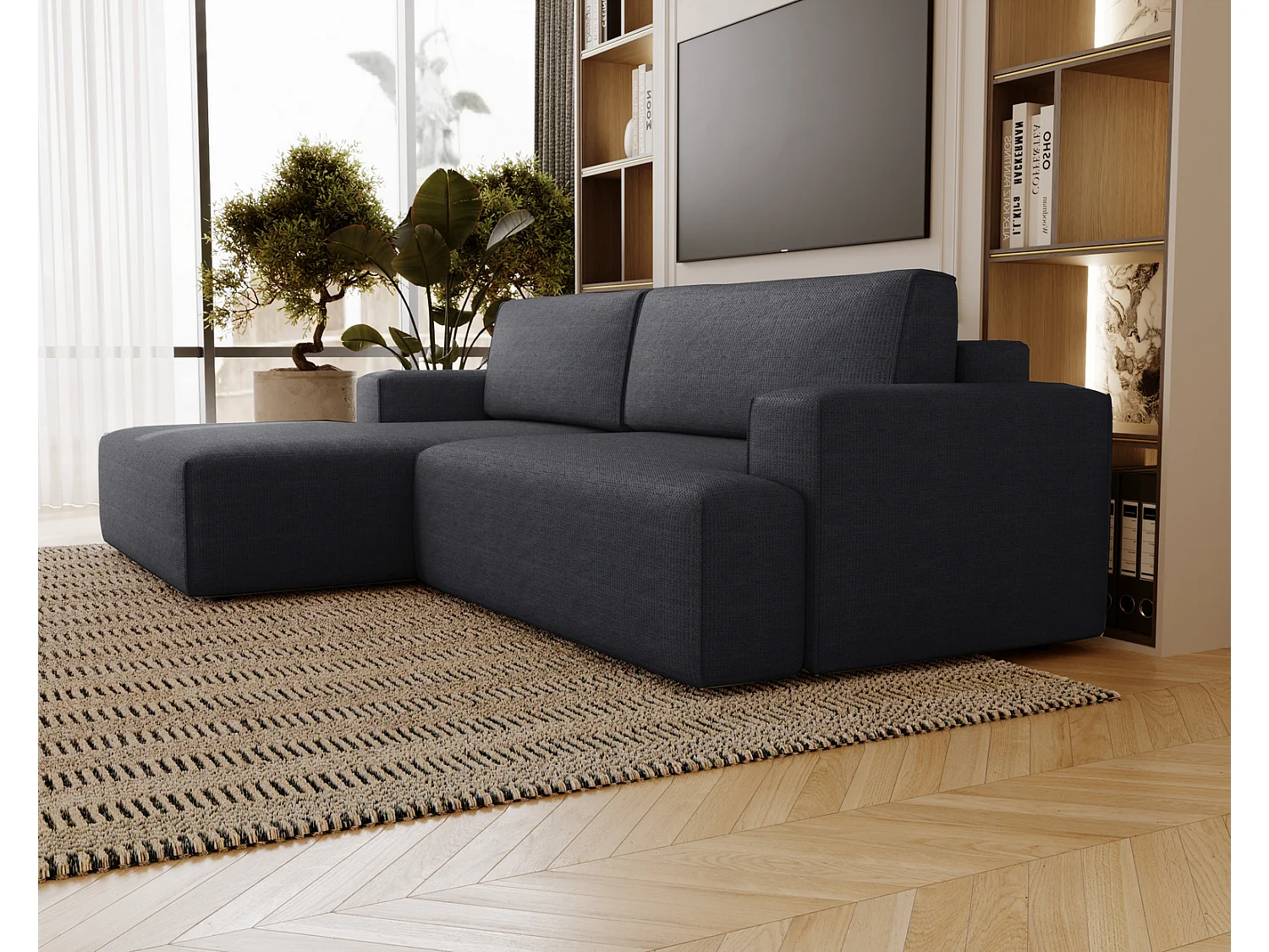 Canapé d'angle convertible Boston, canapé-lit 270 cm avec coffre de rangement, 4 places, gauche, noir