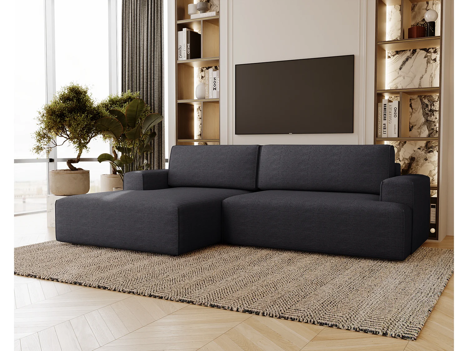 Canapé d'angle convertible Boston, canapé-lit 270 cm avec coffre de rangement, 4 places, gauche, noir