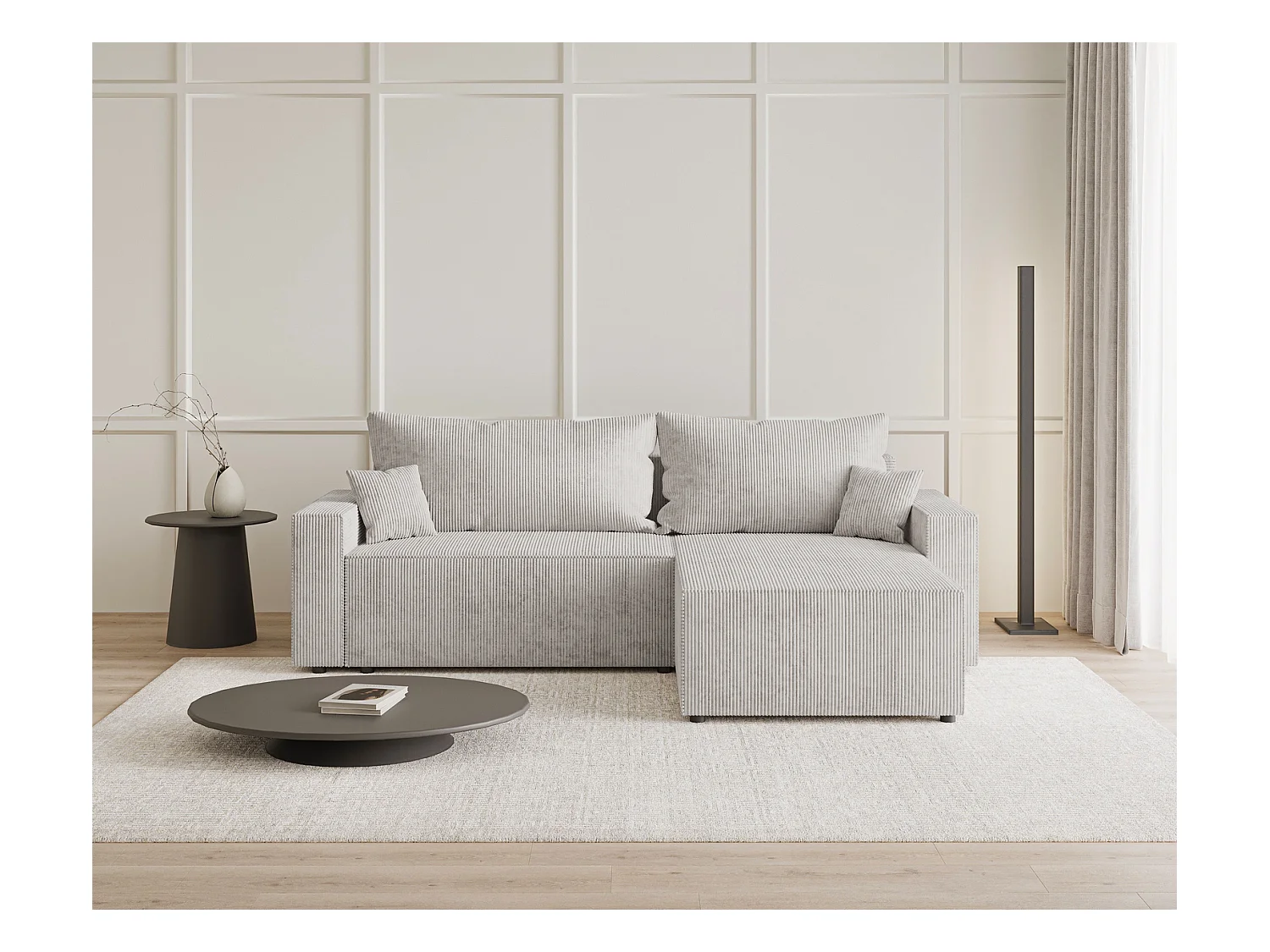 Emporius Lugo Hoekbank 250 cm - L-Vorm, sofa met slaapfunctie, rechts, ribfluweel Lichtgrijs (LincolnD 84)