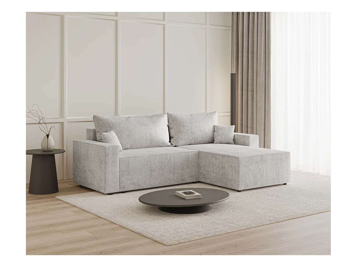 Emporius Lugo Canapé d'angle Convertible - Tissu Velours Côtelé, Canapé d'angle avec Rangement - Droite, Gris clair (LincolD 84)