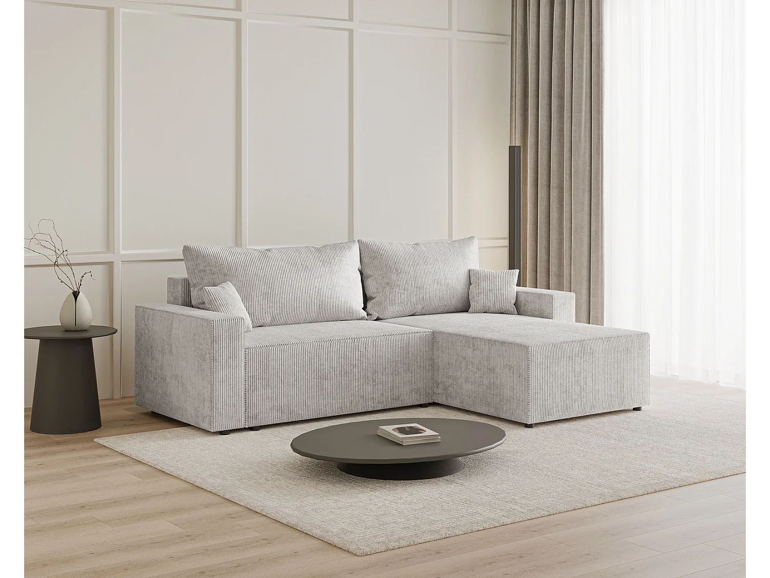 Hoekbank met slaapfunctie Lugo 250 cm, L-vorm, sofa, rechts, ribfluweel lichtgrijs