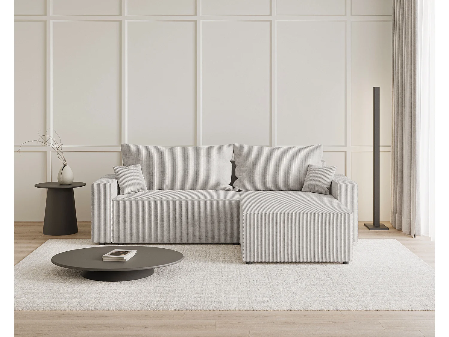 Hoekbank met slaapfunctie Lugo 250 cm, L-vorm, sofa, rechts, ribfluweel lichtgrijs