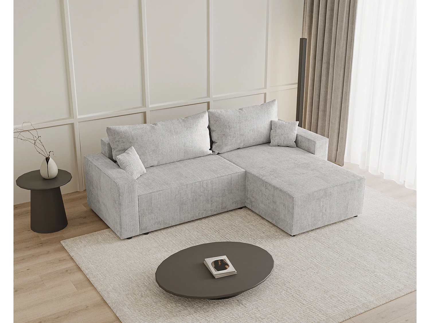 Hoekbank met slaapfunctie Lugo 250 cm, L-vorm, sofa, rechts, ribfluweel lichtgrijs