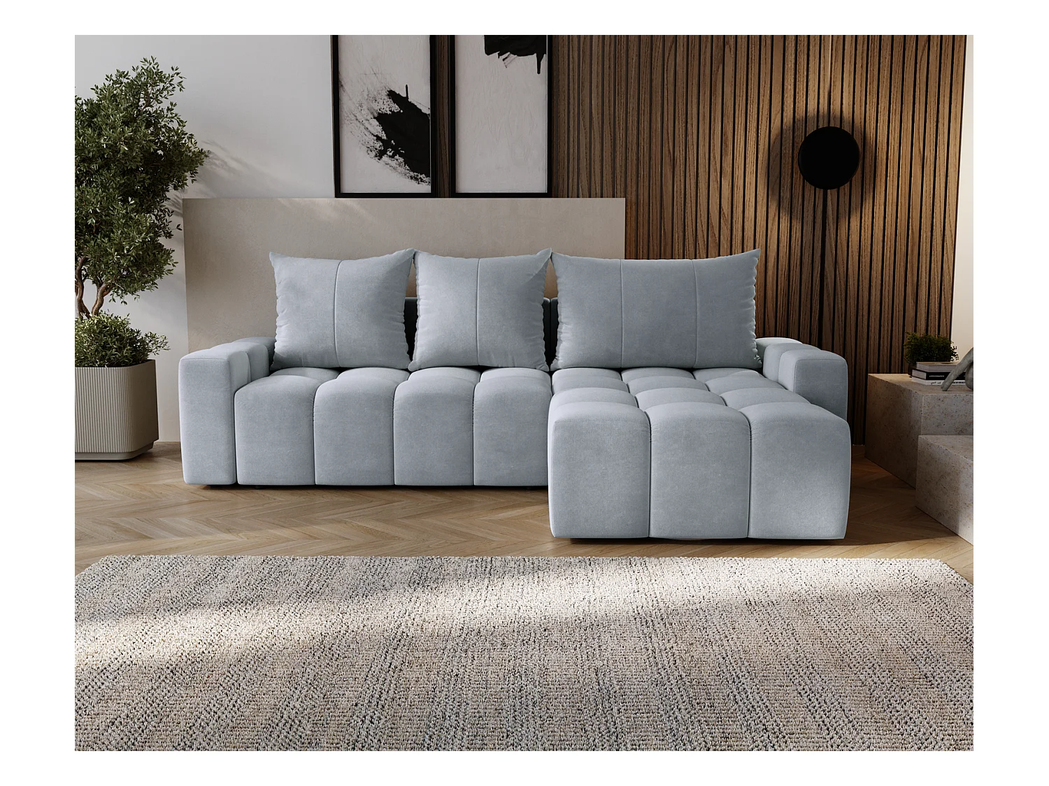 Emporius Wilson Canapé d'angle - Tissu Velours, Canapé 255 cm Convertible, Droite - Gris clair (Amor Velvet 4318)