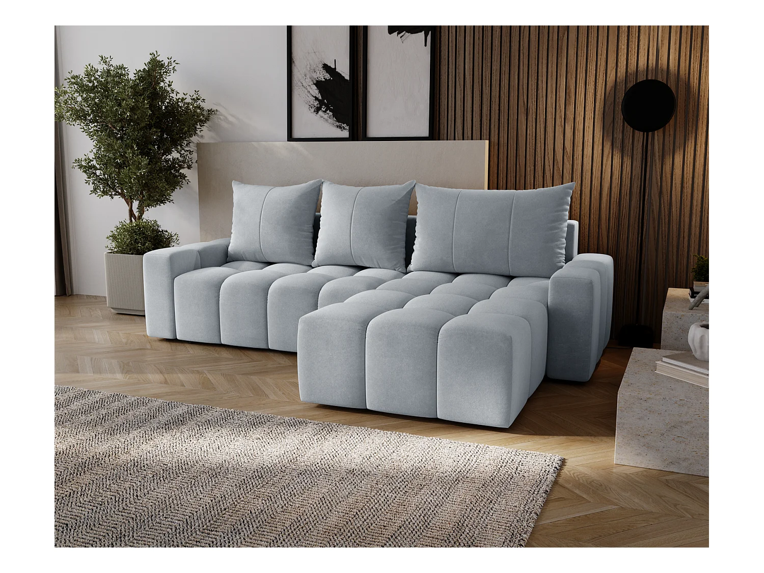 Emporius Wilson Canapé d'angle - Tissu Velours, Canapé 255 cm Convertible, Droite - Gris clair (Amor Velvet 4318)