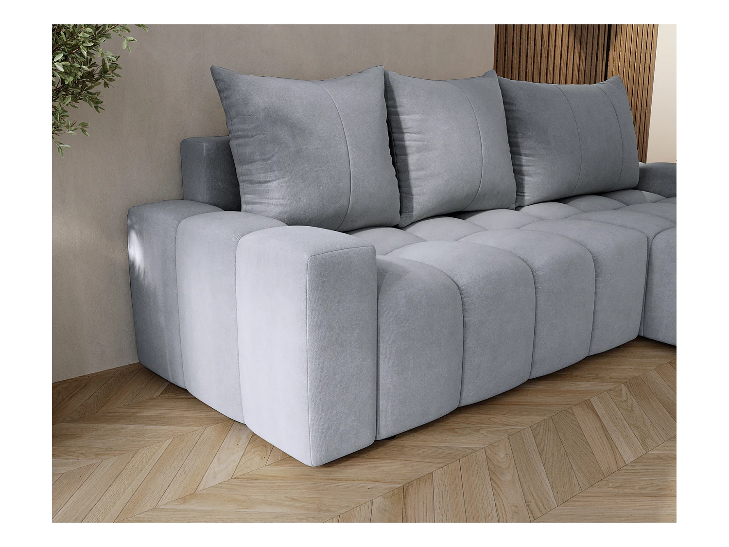 Emporius Wilson Canapé d'angle - Tissu Velours, Canapé 255 cm Convertible, Droite - Gris clair (Amor Velvet 4318)