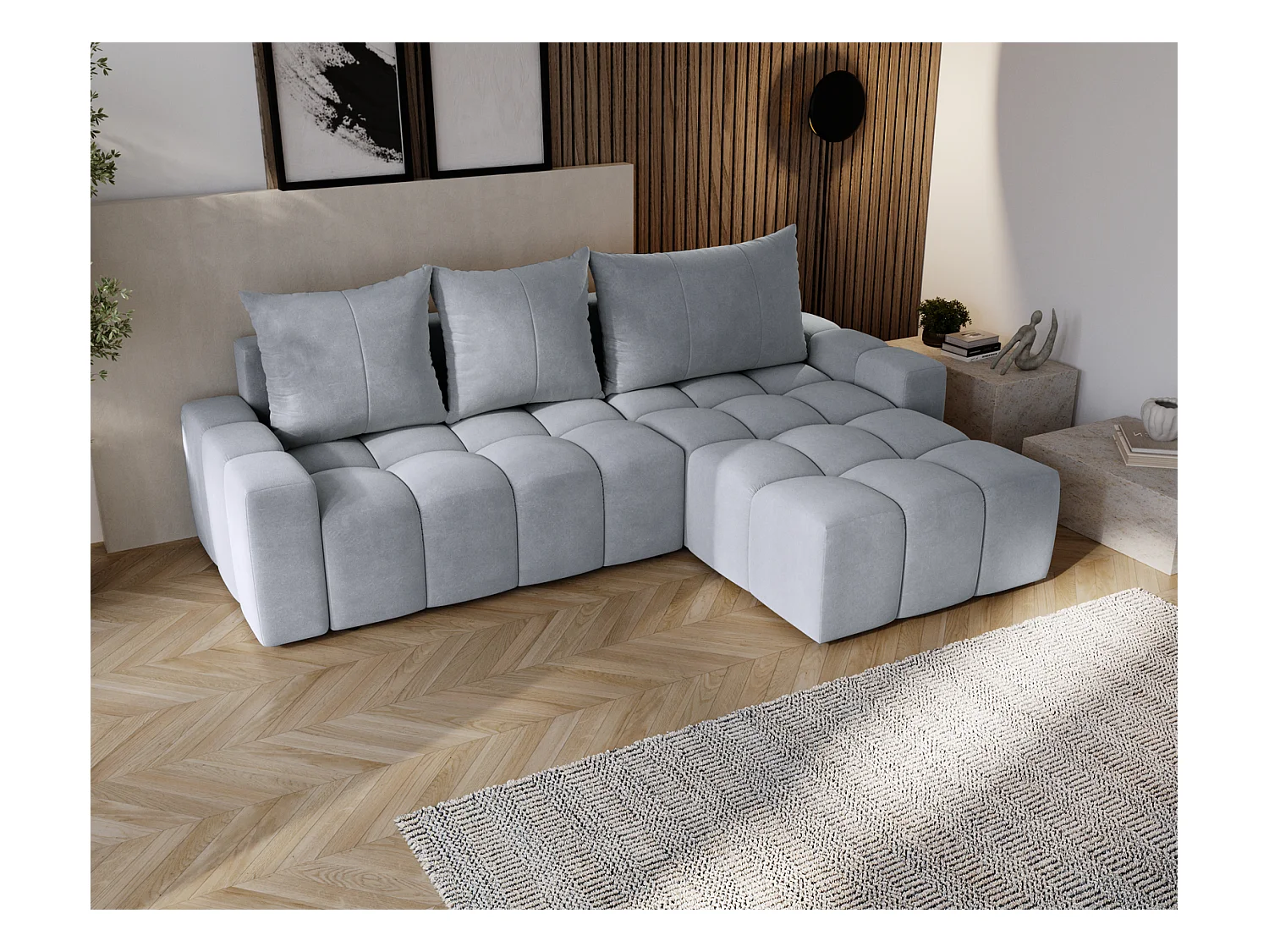 Emporius Wilson Canapé d'angle - Tissu Velours, Canapé 255 cm Convertible, Droite - Gris clair (Amor Velvet 4318)