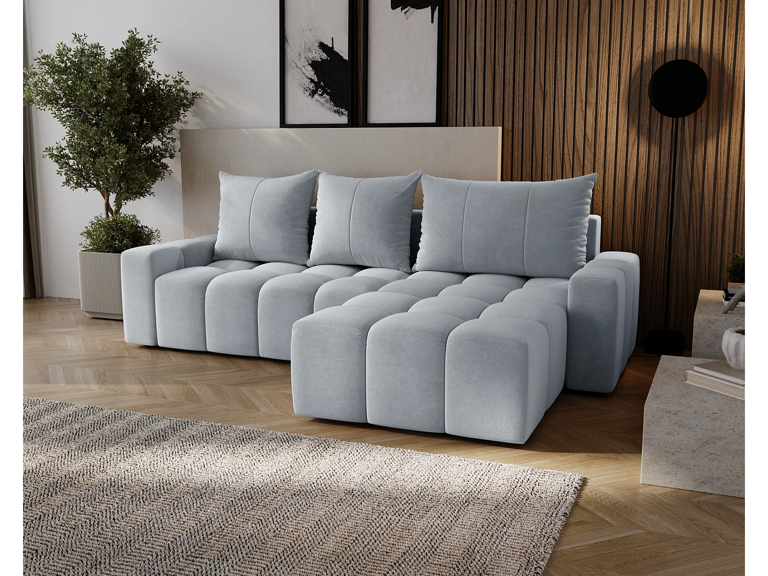 Emporius Wilson Canapé d'angle - Tissu Velours, Canapé 255 cm Convertible, Droite - Gris clair (Amor Velvet 4318)