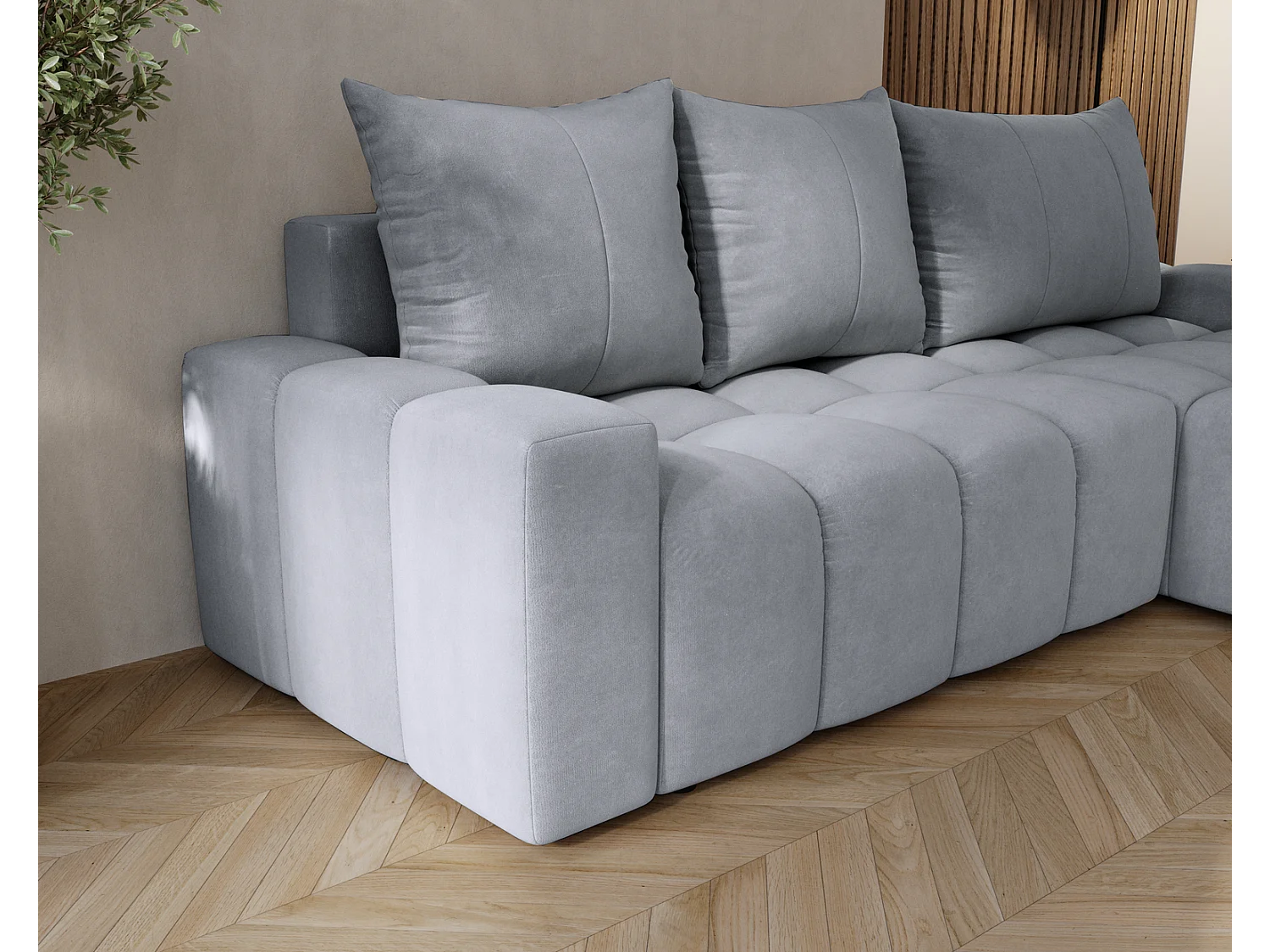 Emporius Wilson Canapé d'angle - Tissu Velours, Canapé 255 cm Convertible, Droite - Gris clair (Amor Velvet 4318)
