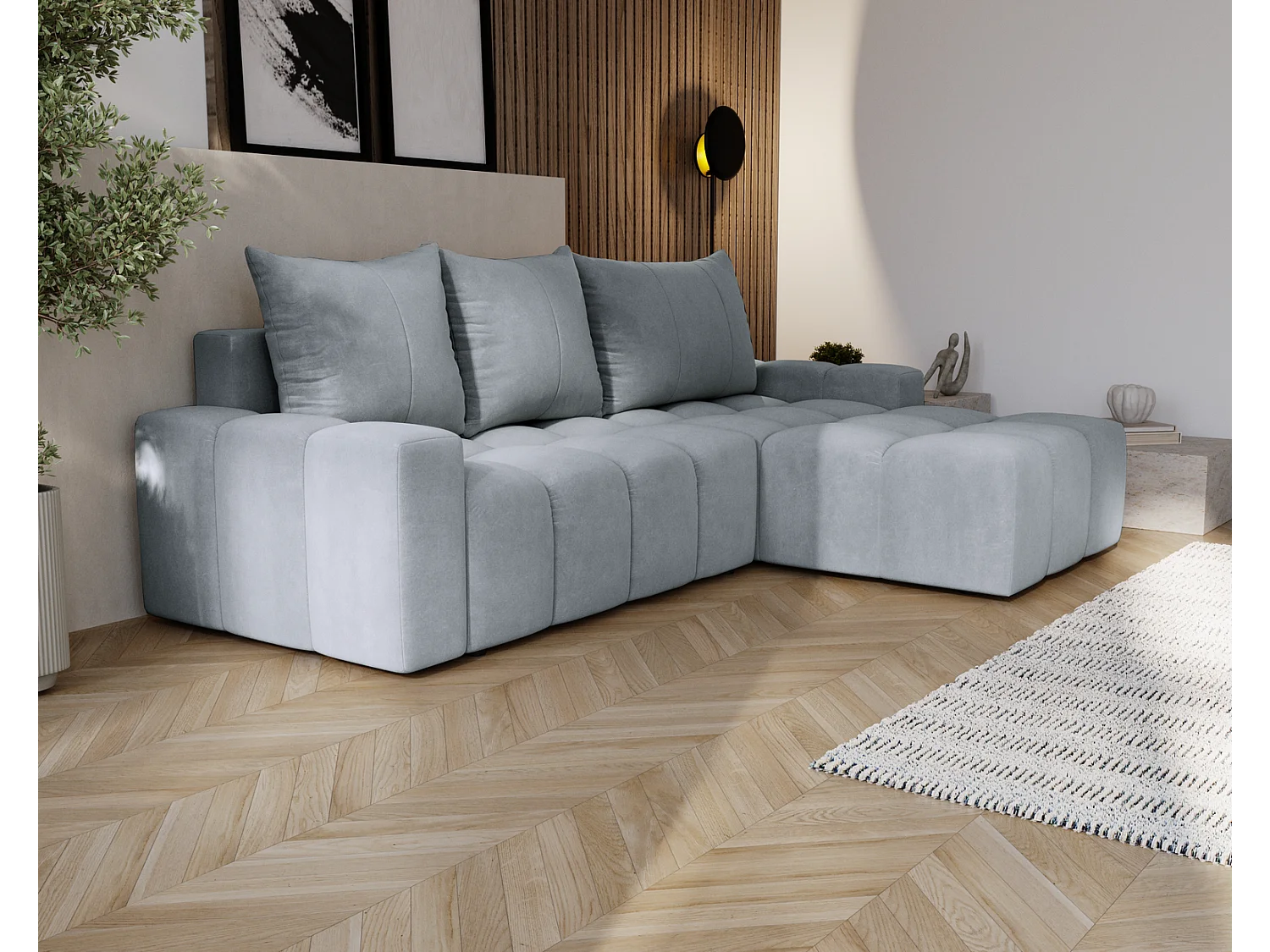 Emporius Wilson Canapé d'angle - Tissu Velours, Canapé 255 cm Convertible, Droite - Gris clair (Amor Velvet 4318)