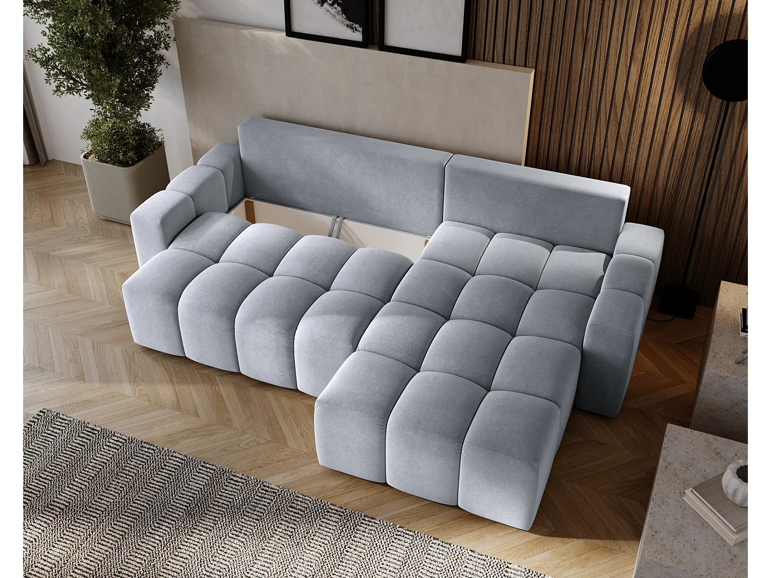 Emporius Wilson Canapé d'angle - Tissu Velours, Canapé 255 cm Convertible, Droite - Gris clair (Amor Velvet 4318)