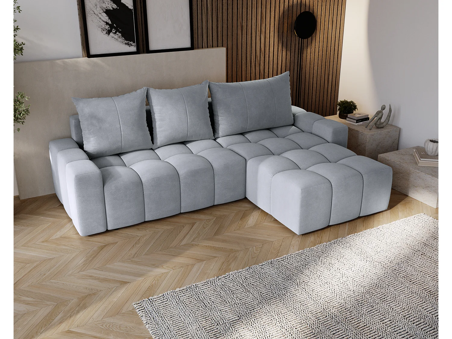 Canapé d'angle convertible Wilson, 255 cm, tissu velours, droit, gris clair
