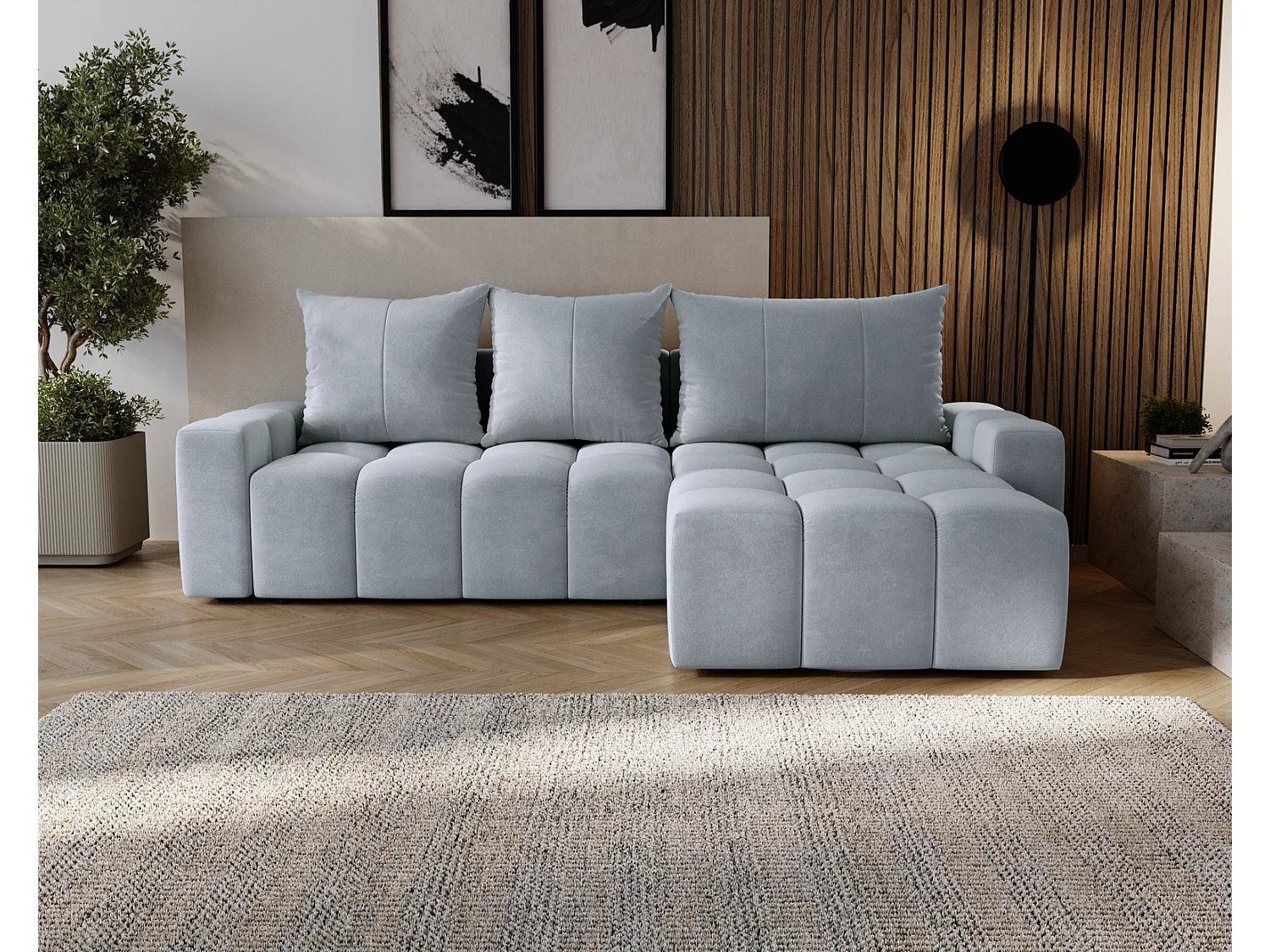 Canapé d'angle convertible Wilson, 255 cm, tissu velours, droit, gris clair