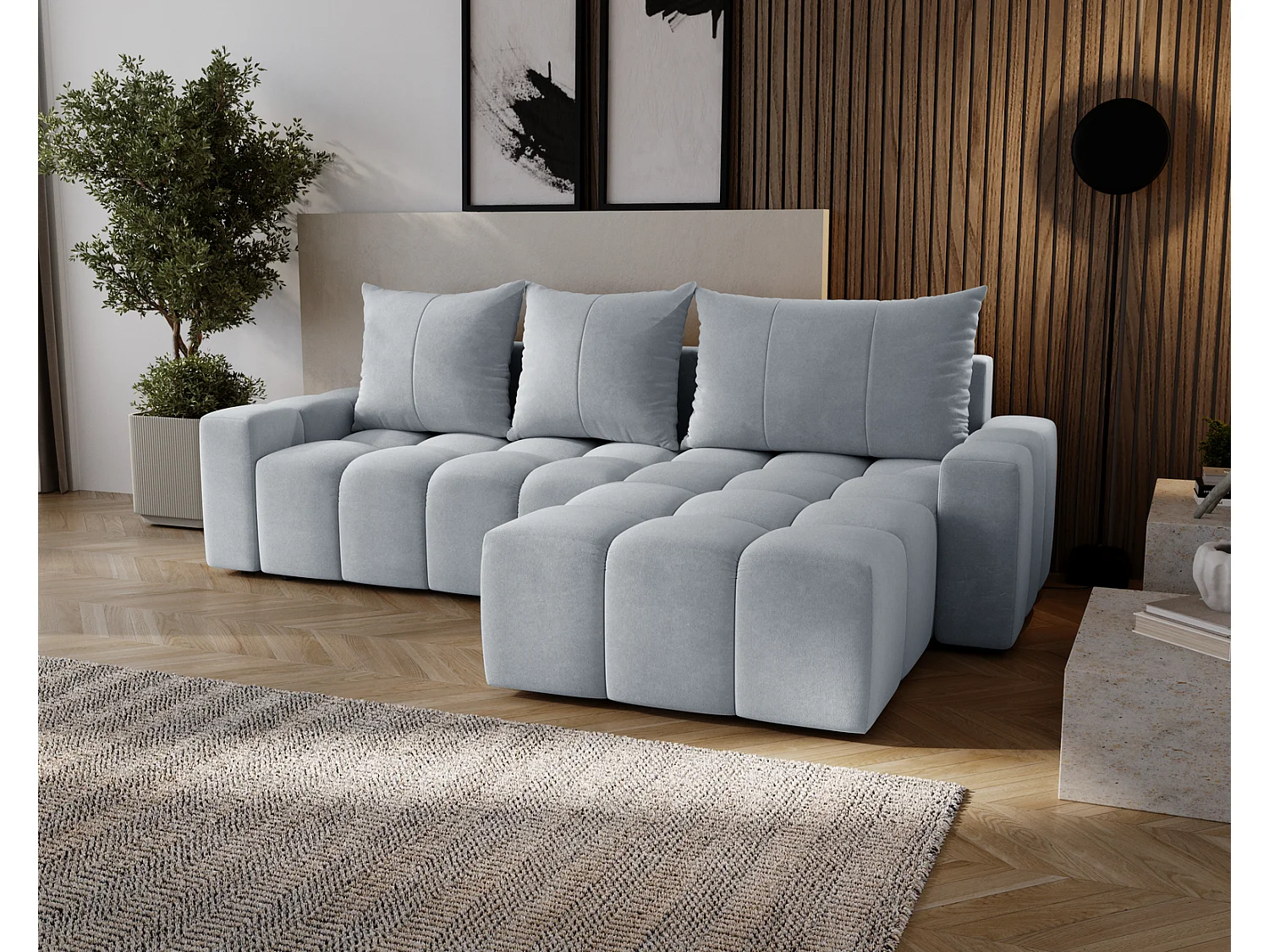 Canapé d'angle convertible Wilson, 255 cm, tissu velours, droit, gris clair