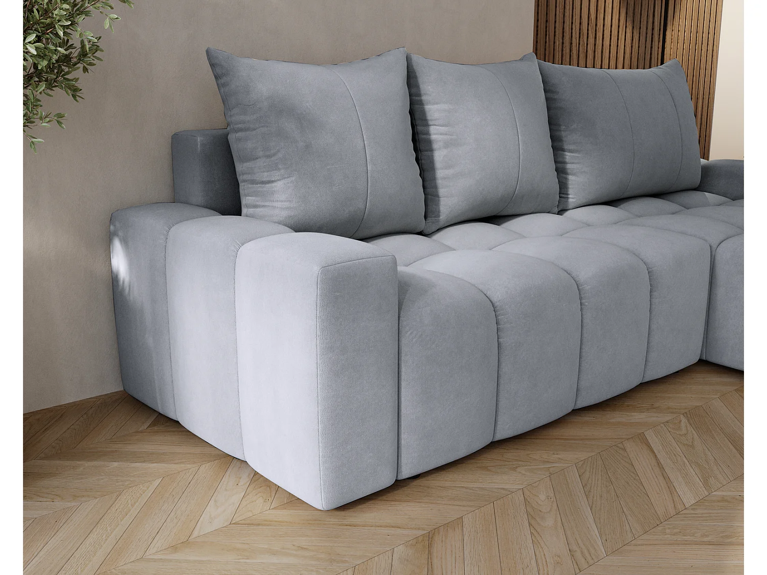 Canapé d'angle convertible Wilson, 255 cm, tissu velours, droit, gris clair