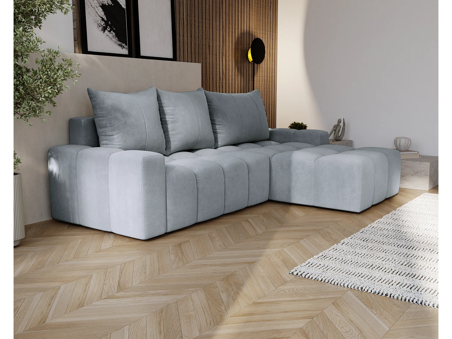 Canapé d'angle convertible Wilson, 255 cm, tissu velours, droit, gris clair