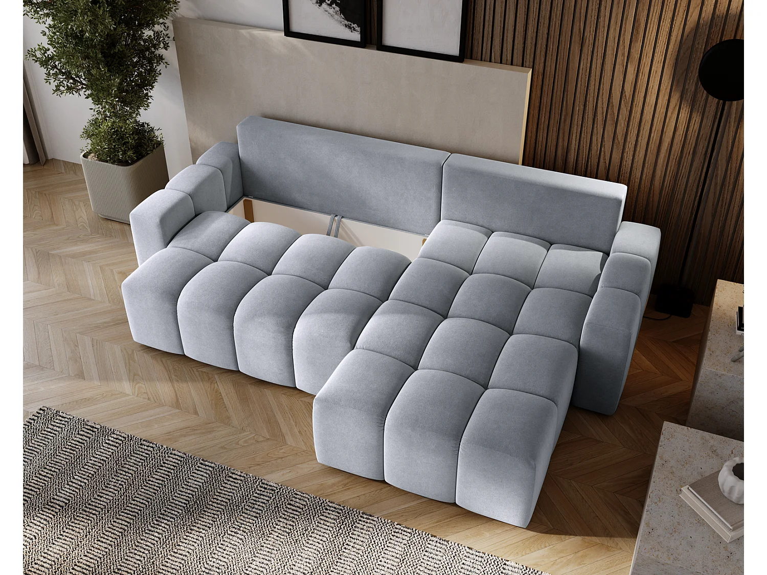 Canapé d'angle convertible Wilson, 255 cm, tissu velours, droit, gris clair