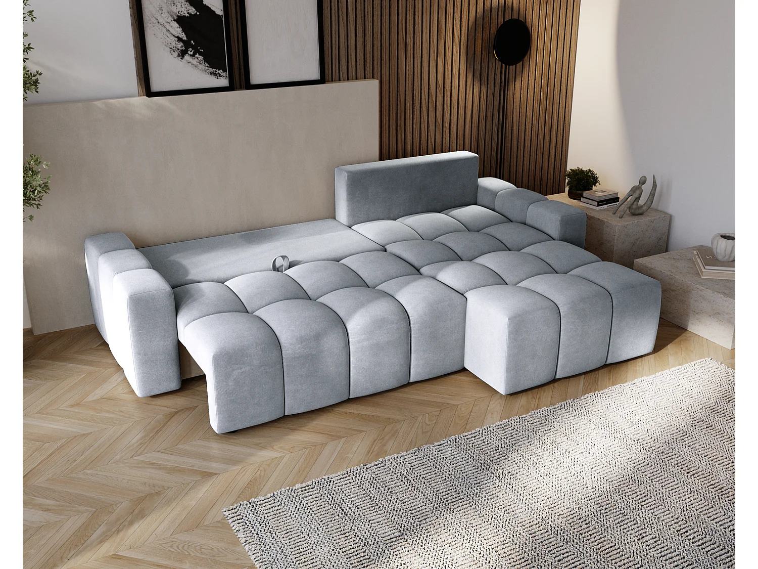 Canapé d'angle convertible Wilson, 255 cm, tissu velours, droit, gris clair