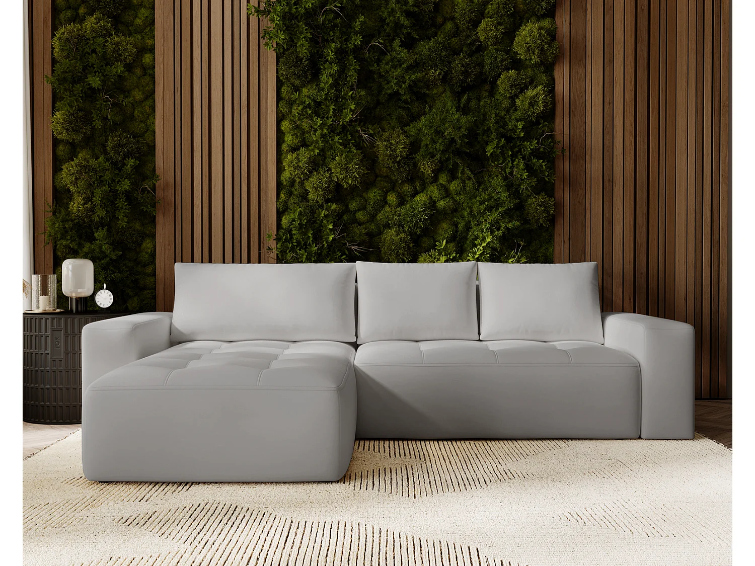 Canapé d'angle convertible 4 places en tissu gris clair NEVADA