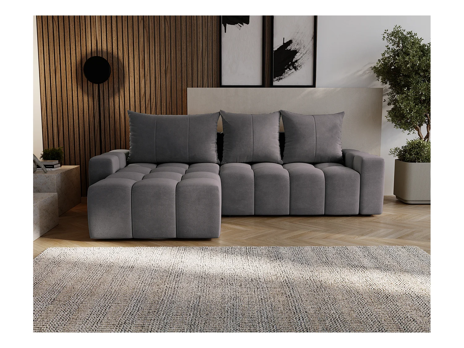 Emporius Wilson Canapé d'angle - Tissu Velours, Canapé 255 cm Convertible, Gauche - Gris foncé (Amor Velvet 4321)