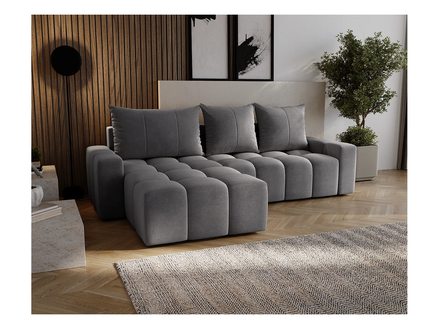 Emporius Wilson Canapé d'angle - Tissu Velours, Canapé 255 cm Convertible, Gauche - Gris foncé (Amor Velvet 4321)