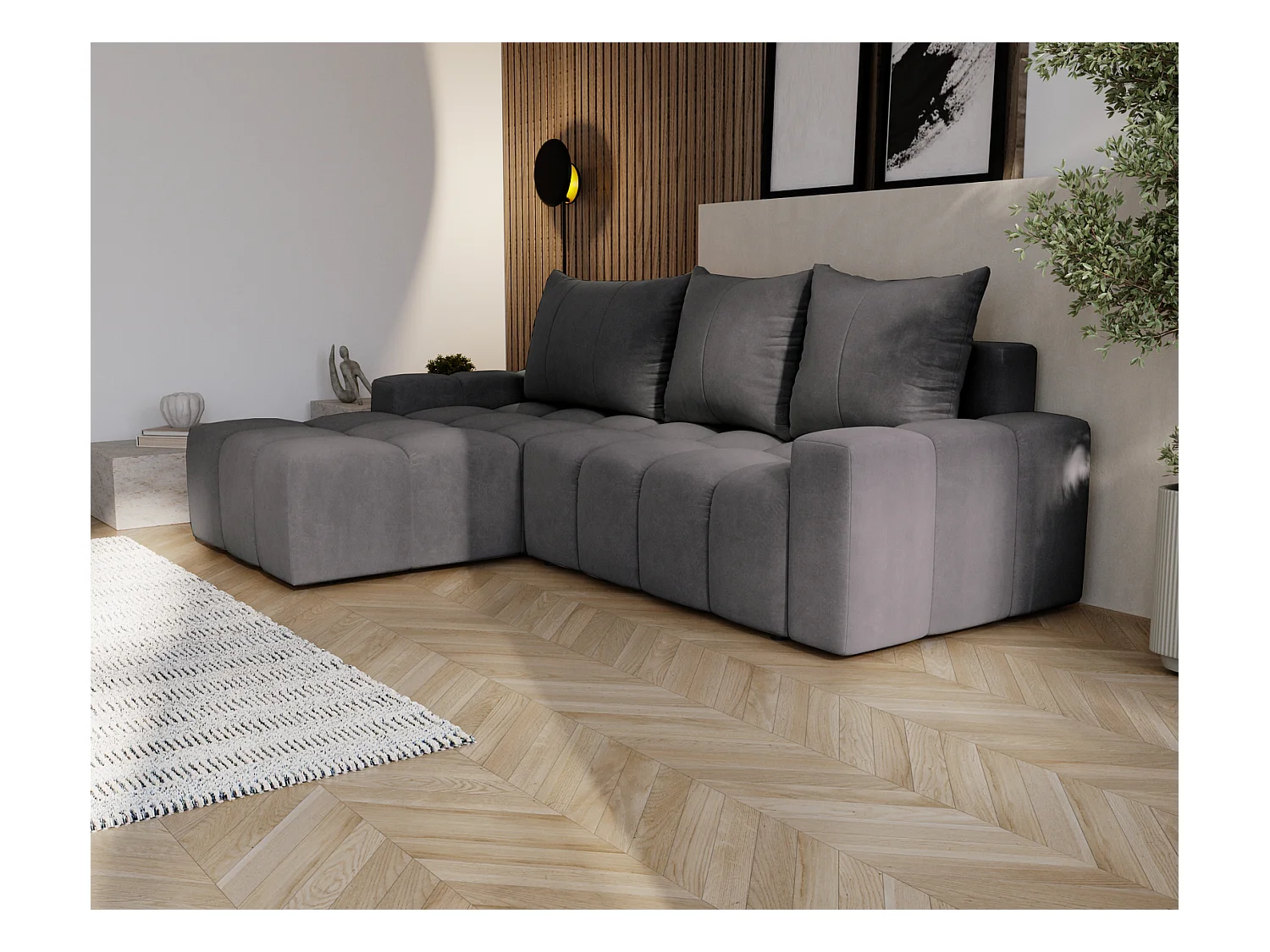 Emporius Wilson Canapé d'angle - Tissu Velours, Canapé 255 cm Convertible, Gauche - Gris foncé (Amor Velvet 4321)
