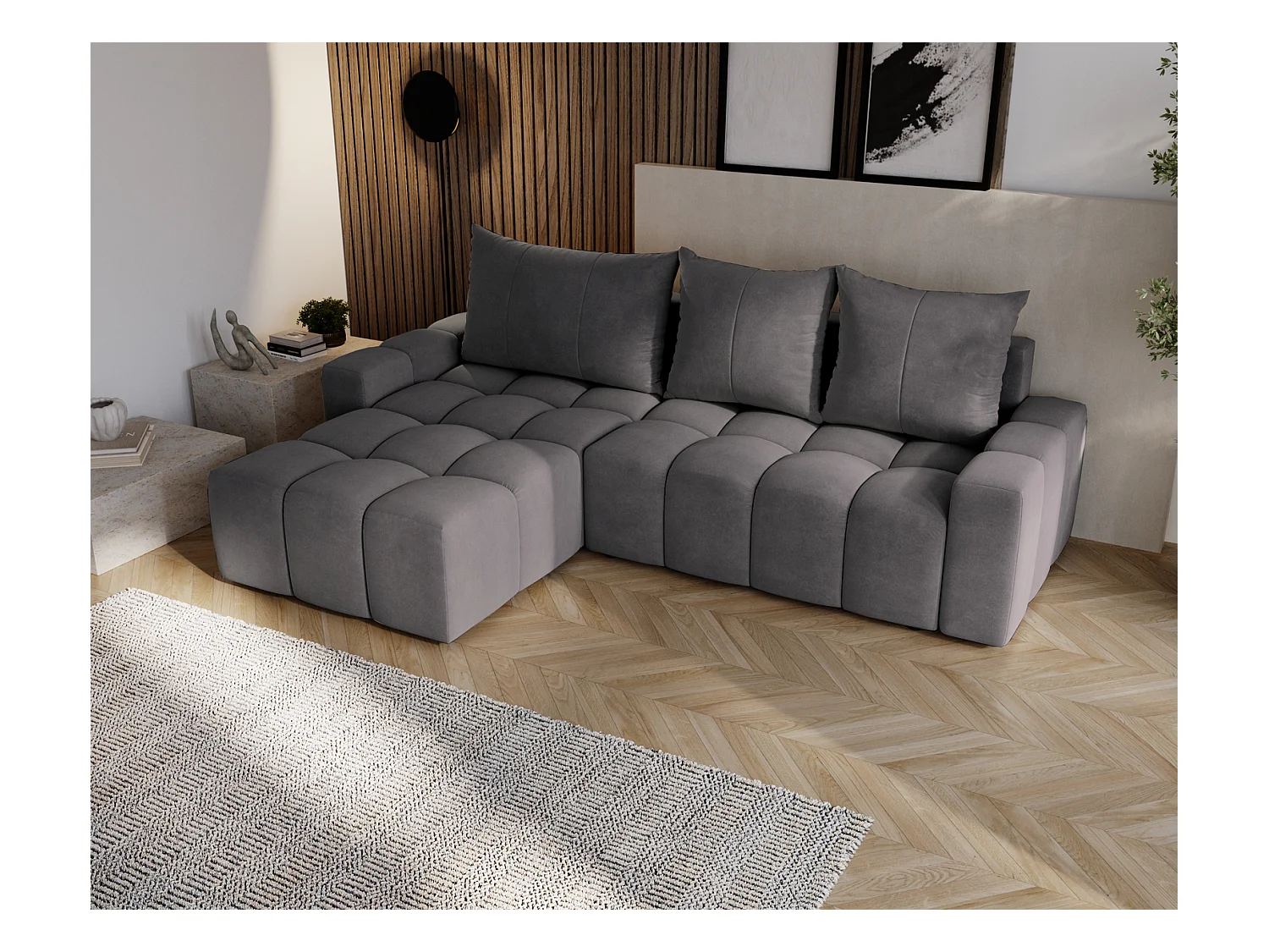 Emporius Wilson Canapé d'angle - Tissu Velours, Canapé 255 cm Convertible, Gauche - Gris foncé (Amor Velvet 4321)
