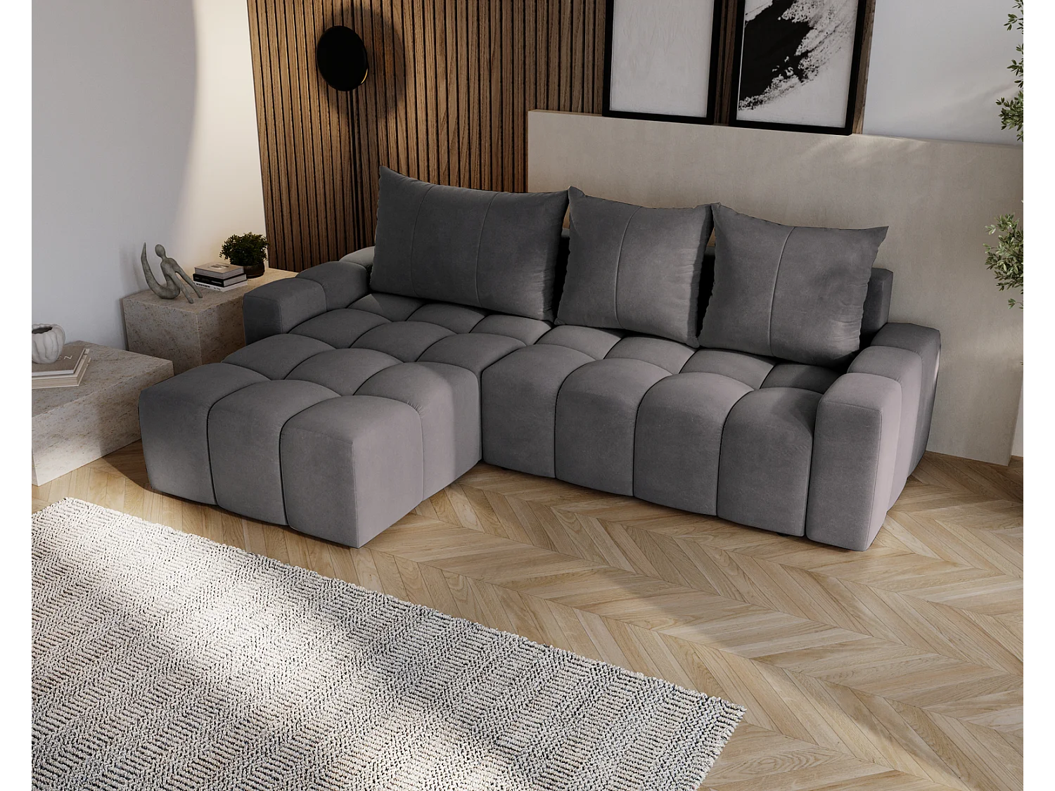 Emporius Wilson Canapé d'angle - Tissu Velours, Canapé 255 cm Convertible, Gauche - Gris foncé (Amor Velvet 4321)