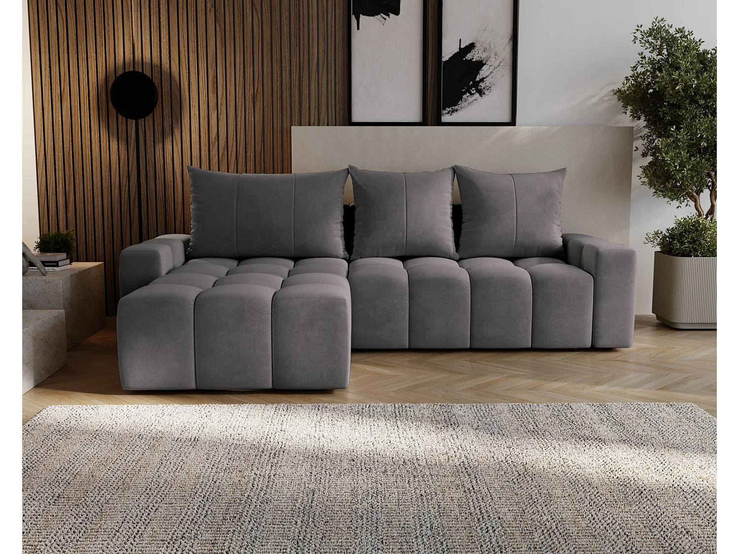 Emporius Wilson Canapé d'angle - Tissu Velours, Canapé 255 cm Convertible, Gauche - Gris foncé (Amor Velvet 4321)